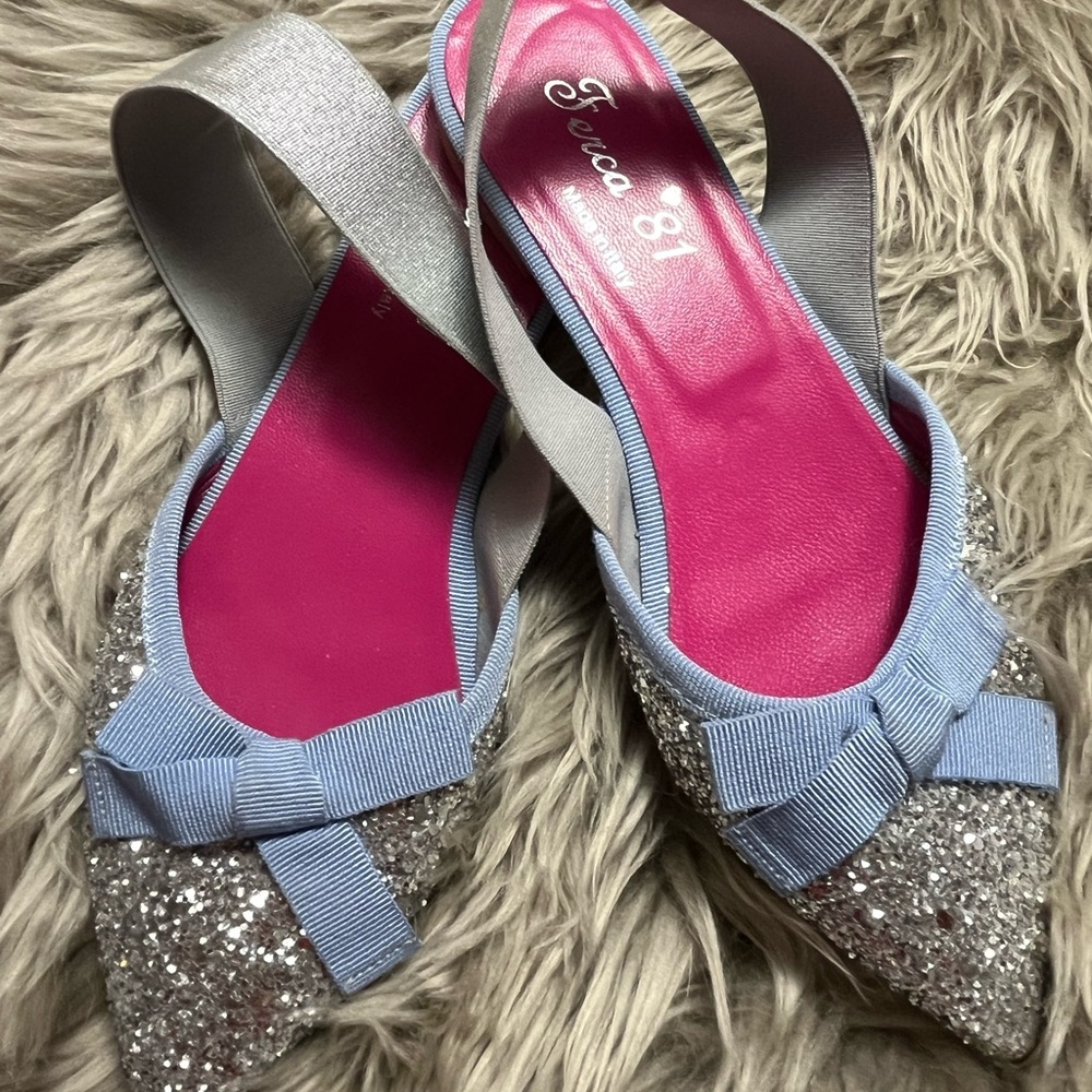 Silver Glitter Flats with Blue Bow